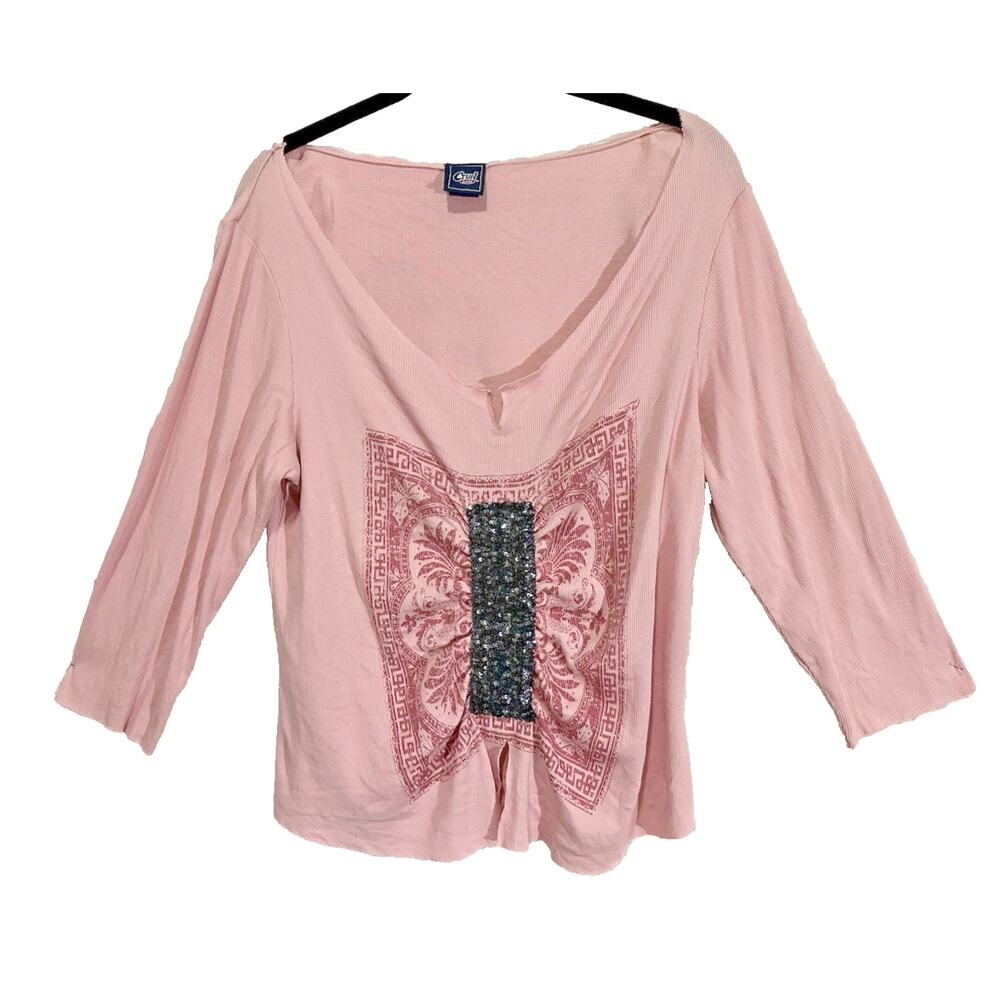 Cruel Girl Sz XL Ribbed WesternPink Ruched Sequin Off Shoulder 3/4 Sleeve Top